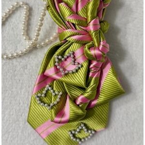 Green and Pink Striped Tie with Pearl Accents